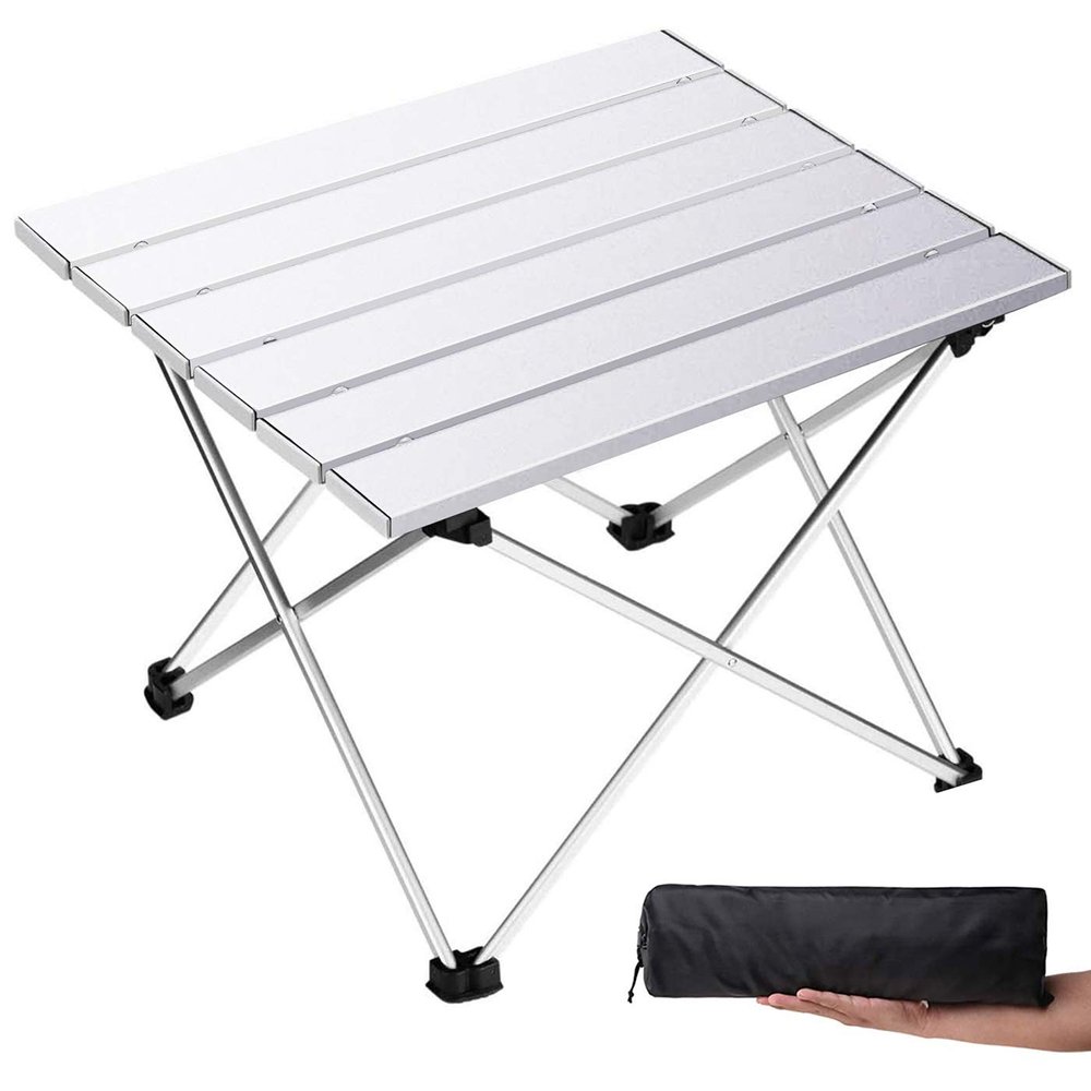 Grope Small Folding Camping Table with Aluminum Table Top, Beach Table for Sand with Carrying Bag,Prefect for Outdoor, Picnic, BBQ, Cooking, Festival (Silver-S)