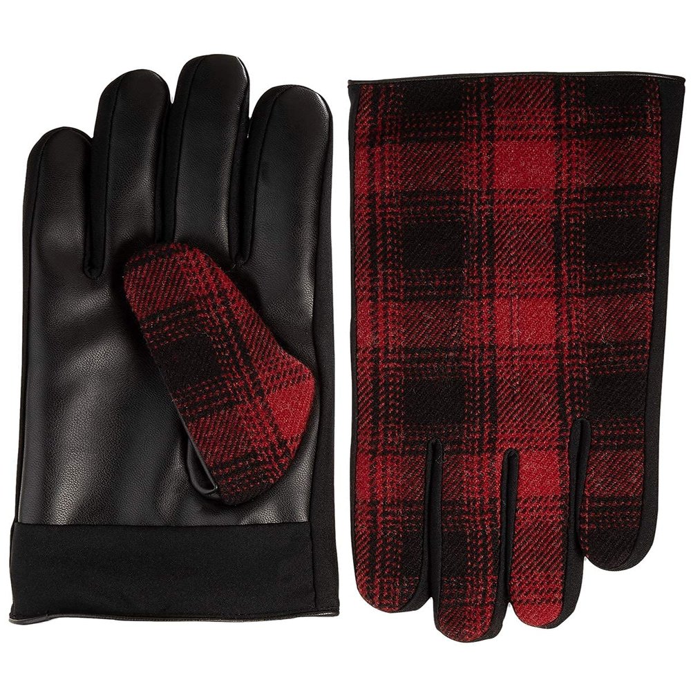Isotoner Mens Sleek Heat Wool Blend Faux Leather Driving Gloves Red M