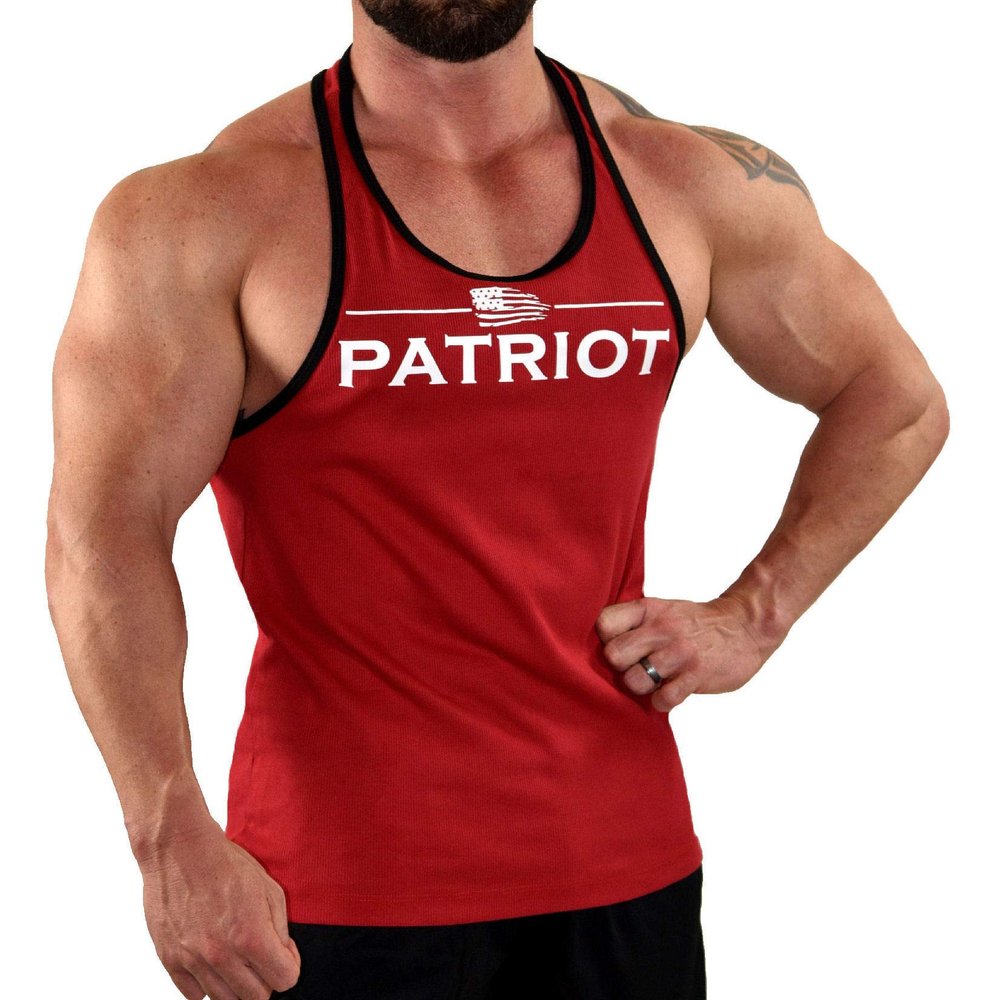 Men's Workout Bodybuilding Weight Lifting Stringer Gym Fitness Training Red Tank Top with White Patriot Design