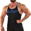 Men's Black with White Trim Bodybuilding, Y-Back, Gym Fitness, Workout, Training, Tank Top with Blue Patriot in Blue Design view 1
