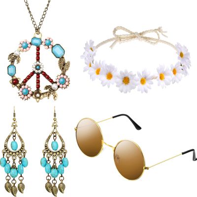 Hicarer Hippie Costume Accessories Include Sunglasses, Peace Sign Necklace, Boho Headband and Earring for 60s 70s Party(White)