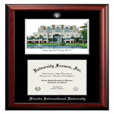 Campus Images Florida International University Double Diploma Frame  8.5 x 11 Satin Mahogany with Silver Foil and FIU Landmark Lithograph, Black & Silver Mat, Officially Licensed
