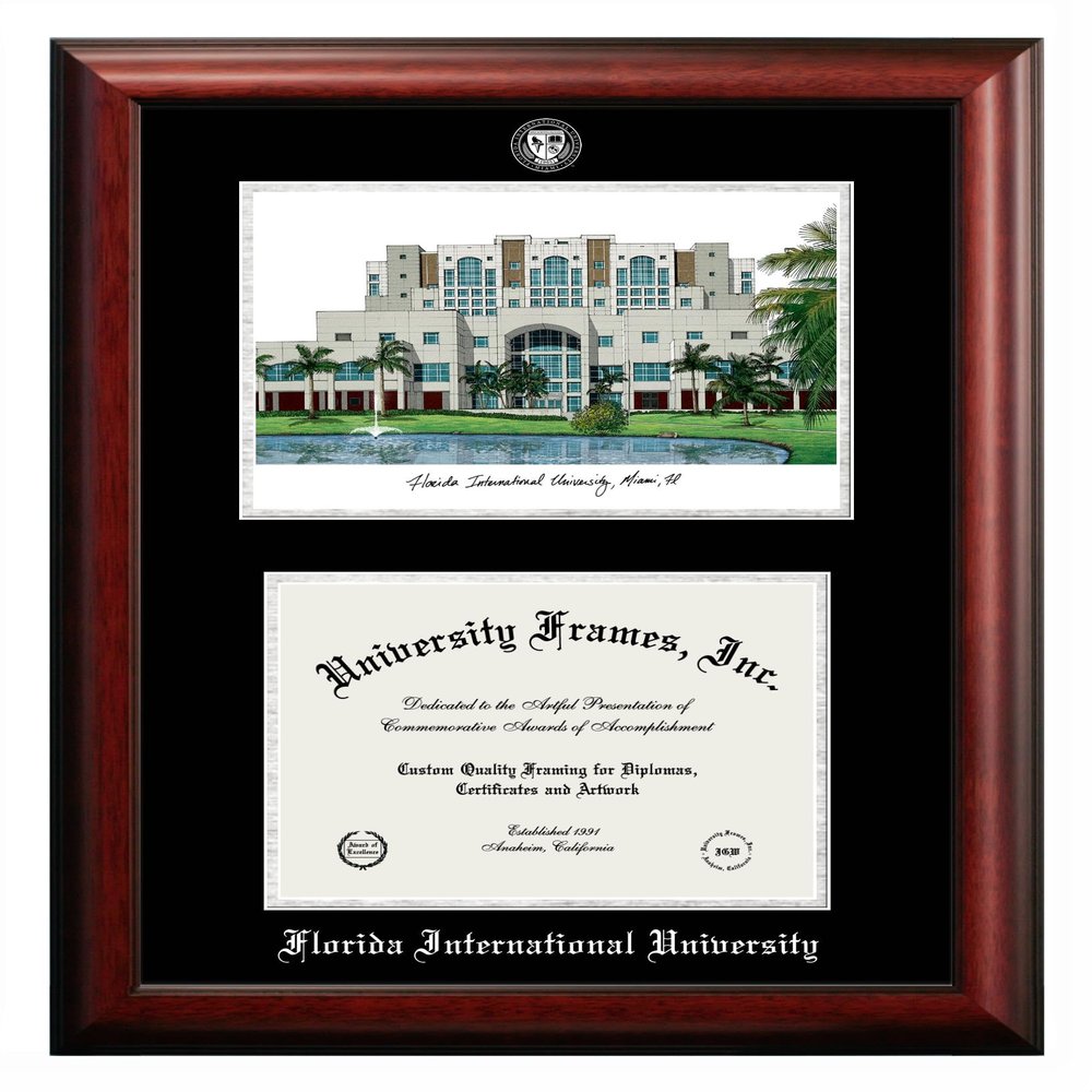 Campus Images Florida International University Double Diploma Frame  8.5 x 11 Satin Mahogany with Silver Foil and FIU Landmark Lithograph, Black & Silver Mat, Officially Licensed
