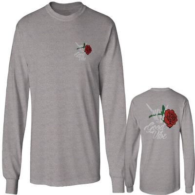 0184. dope Streetwear Graphic Good Vibe Red Rose Flowers Bones Hand Shaka Men's Long Sleeve t Shirt (Light Gray X-Large)