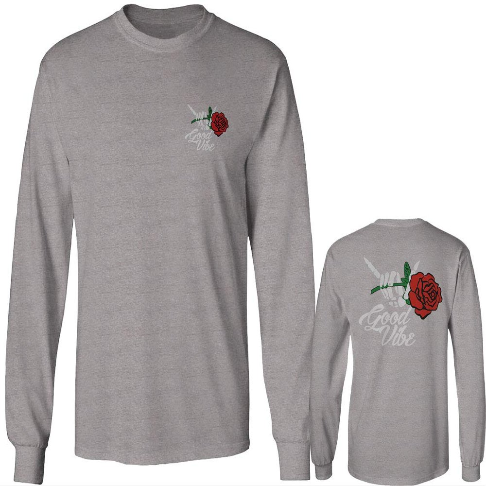 0184. dope Streetwear Graphic Good Vibe Red Rose Flowers Bones Hand Shaka Men's Long Sleeve t Shirt (Light Gray X-Large)