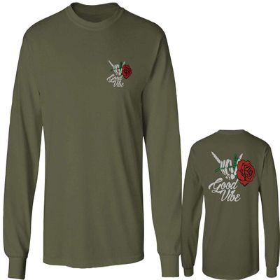 0184. dope Streetwear Graphic Good Vibe Red Rose Flowers Bones Hand Shaka Men's Long Sleeve t Shirt (Olive, Small)
