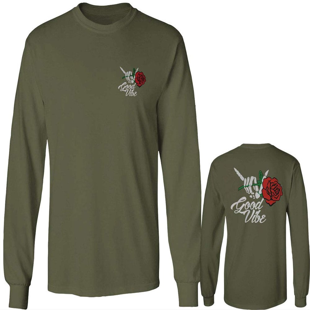 0184. dope Streetwear Graphic Good Vibe Red Rose Flowers Bones Hand Shaka Men's Long Sleeve t Shirt (Olive, Small)