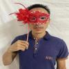 AZYOUNG Women's Masquerade Masks Side Feather Flower Petal Hand Held Lace Mask with Stick,(Red) view 3