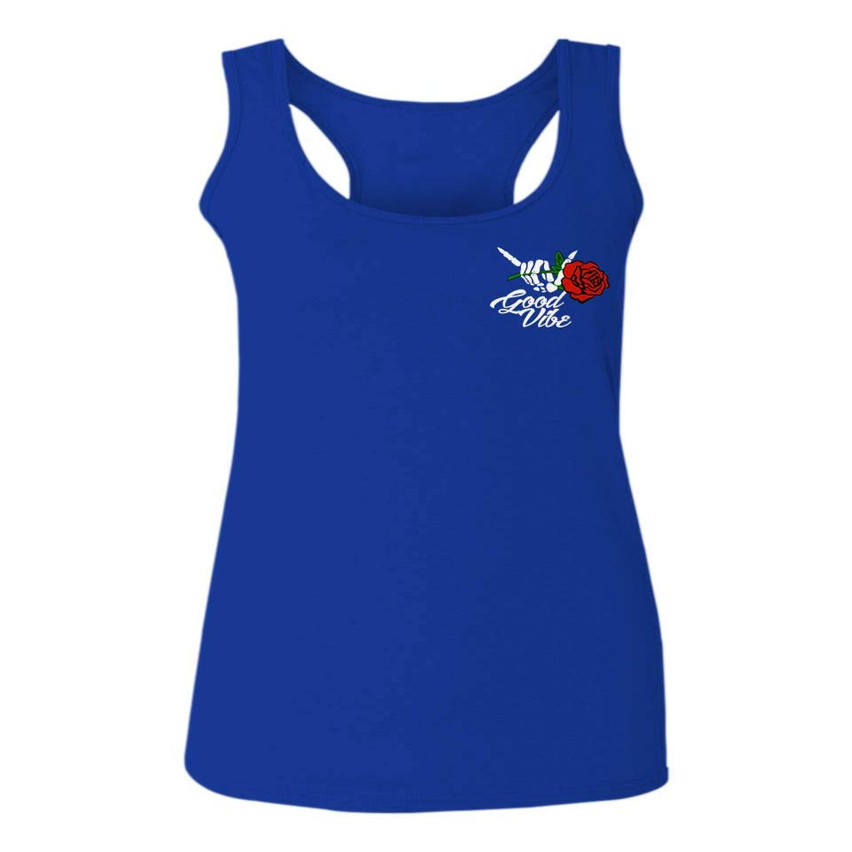 0184. dope Streetwear Graphic Good Vibe Red Rose Flowers Bones Hand Shaka Women's Tank Top Racerback (Royal Small)