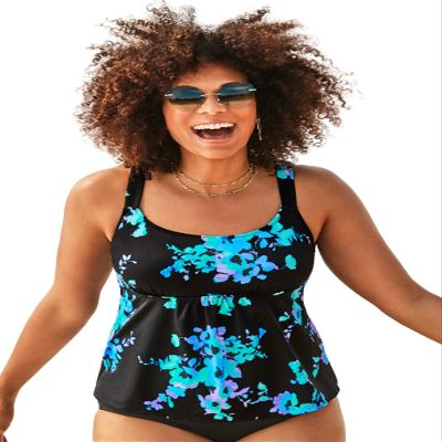 Swimsuits For All Women's Plus Size A Line Relaxed Fit Flared Tankini Top with Adjustable Straps - 20, Blue Poppies (Plus