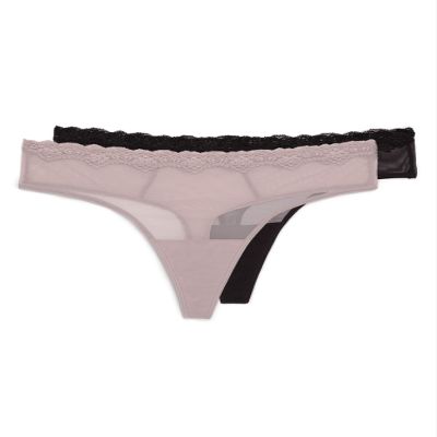 Smart & Sexy Women's Lace Trim & Mesh Panty 2 Packs Sexy Thongs & Cheeky Bikinis, Bark/Black Hue Thong, 9