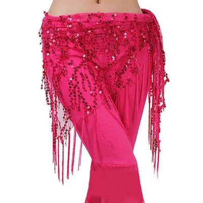 Lauthen.S Women Belly Dance Hip Scarf, Sequin Tassels Triangle Tribal Wrap Skirt Waist Chain Hot Pink