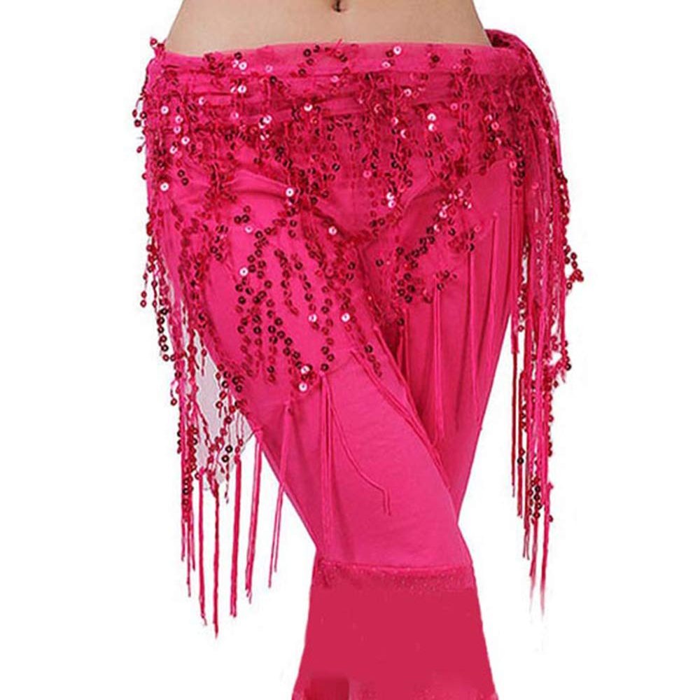 Lauthen.S Women Belly Dance Hip Scarf, Sequin Tassels Triangle Tribal Wrap Skirt Waist Chain Hot Pink