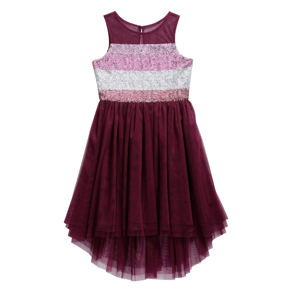 Emily West Girls Sequin Stripe Illusion Neck Mesh High Low Dress