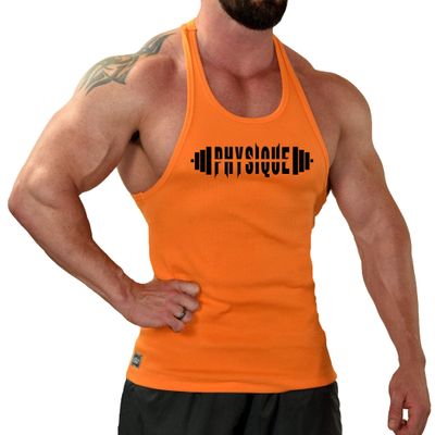 Crazee Wear Men's Orange Bodybuilding, Y-Back, Gym Fitness, Workout, Training, Tank Top with Physique Design
