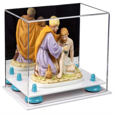 Better Display Cases Versatile Acrylic Display Case - Small Rectangle Box with Mirror, Light Blue Risers and White Base 9.5" x 6" x 6.5" (A005-BLR)