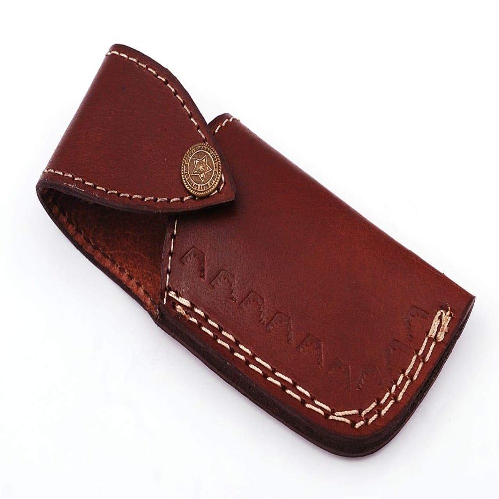 Damascus Steel Folding Pocket Knife 8 Bushcraft Skinner Hunting Survival Handmade Brass Damascus Buffalo Horn Mosaic Pin Handle Free Cowhide Leather Pouch(126)