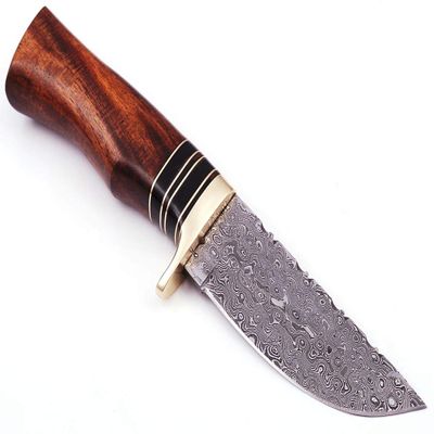 Damascus Steel Bushcraft Skinner Hunting Survival Knife 9.5 inches Handmade Fixed-Blade Brass Bolster/Spacers Buffalo Horn Rosewood Handle Free Cowhide Leather Sheath(102)
