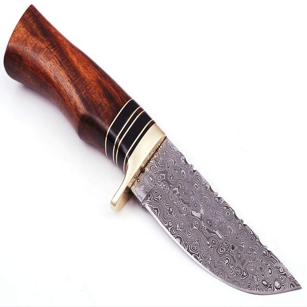 Damascus Steel Bushcraft Skinner Hunting Survival Knife 9.5 inches Handmade Fixed-Blade Brass Bolster/Spacers Buffalo Horn Rosewood Handle Free Cowhide Leather Sheath(102)