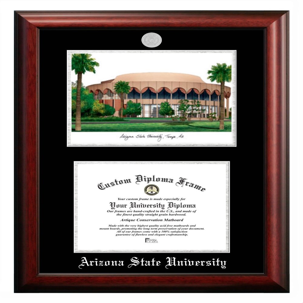 Campus Images NCAA Arizona State University Double Diploma Frame  8.5 x 11 Satin Mahogany  Silver Medallion with Arizona State University Landmark Lithograph