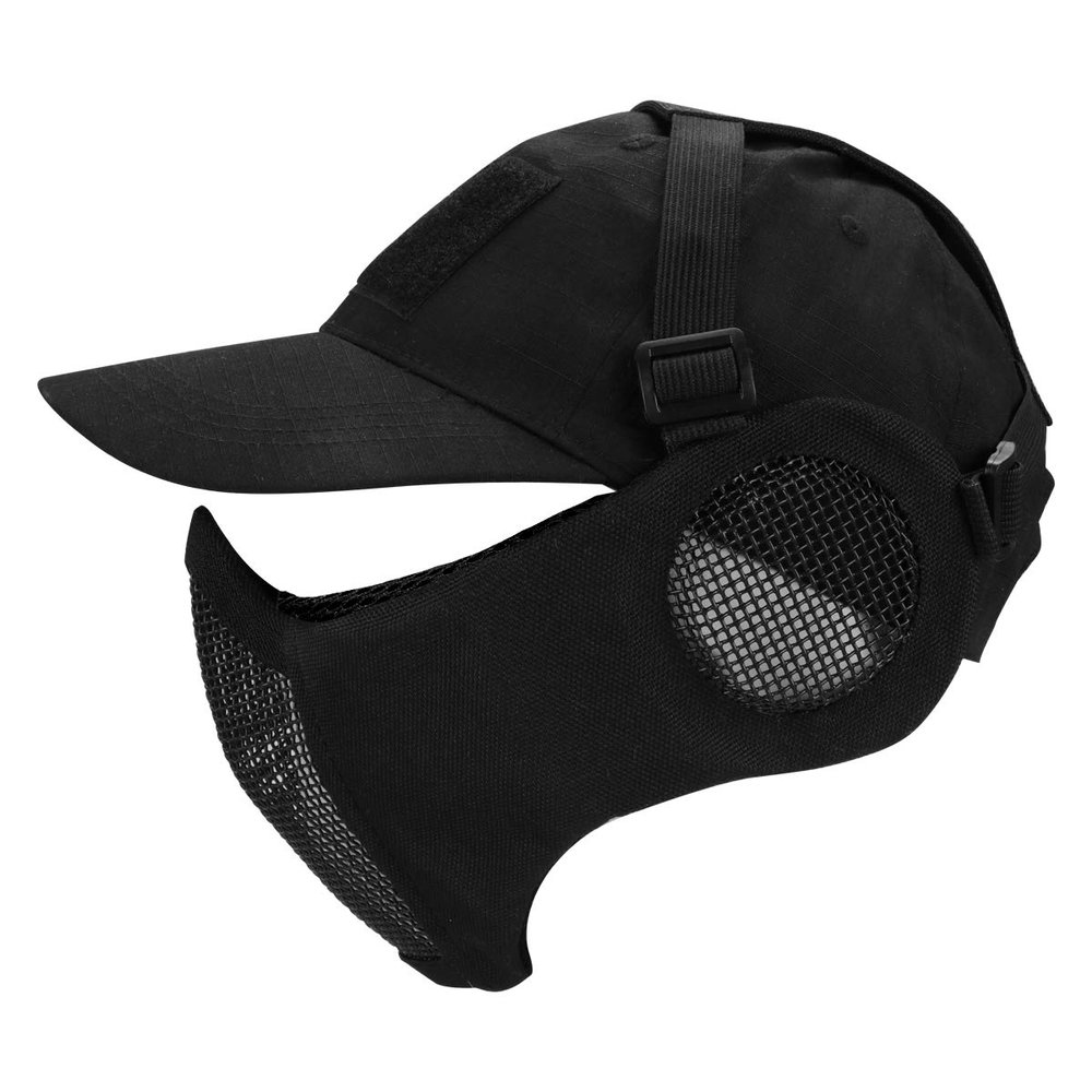AOUTACC Half Face Airsoft Mesh Mask and Cap Set, Foldable Mesh Mask with Ear Protection for Airsoft Paintball BB Gun with Adjustable Baseball Cap (Black)