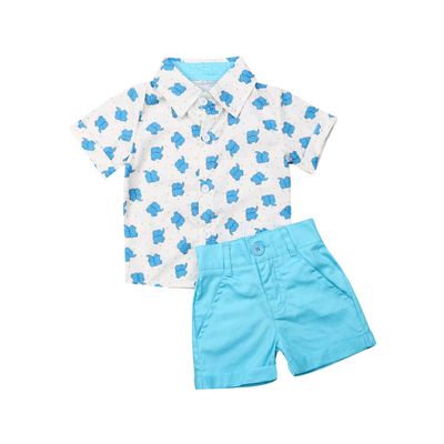 Baby Kids Boy Gentleman Suits, Flamingo Printed Button Down Shirt +Pink Shorts Set 2Pcs Outfits Set (Sky Blue, 3-4T)