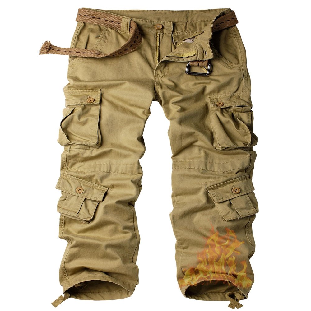 AKARMY Men's Fleece Lined Hiking Pants Outdoor Cargo Pants Casual Work Ski Pants with 8 Pockets Khaki 38