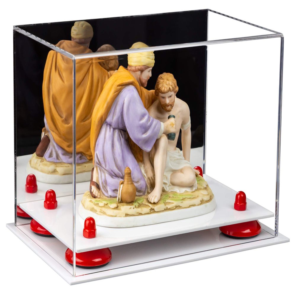 Better Display Cases Versatile Acrylic Display Case - Small Rectangle Box with Mirror, Red Risers and White Base 9.5" x 6" x 6.5" (A005-RR)