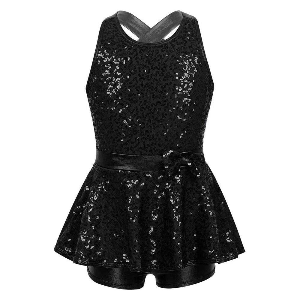 FEESHOW Kids Girls Sequined Tank Top Tutu Skirt Ballet Dance Leotard Modern Jazz Latin Dress Performance Costume Cross Back Black 8