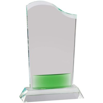 SHOP AWARDS AND GIFTS Customizable 8-1/2 Inch X 5-1/2 Inch Optical Wave Crystal with Green Accent with Personalization