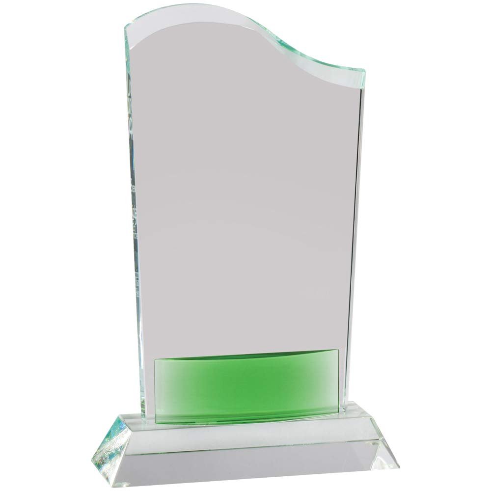 SHOP AWARDS AND GIFTS Customizable 8-1/2 Inch X 5-1/2 Inch Optical Wave Crystal with Green Accent with Personalization