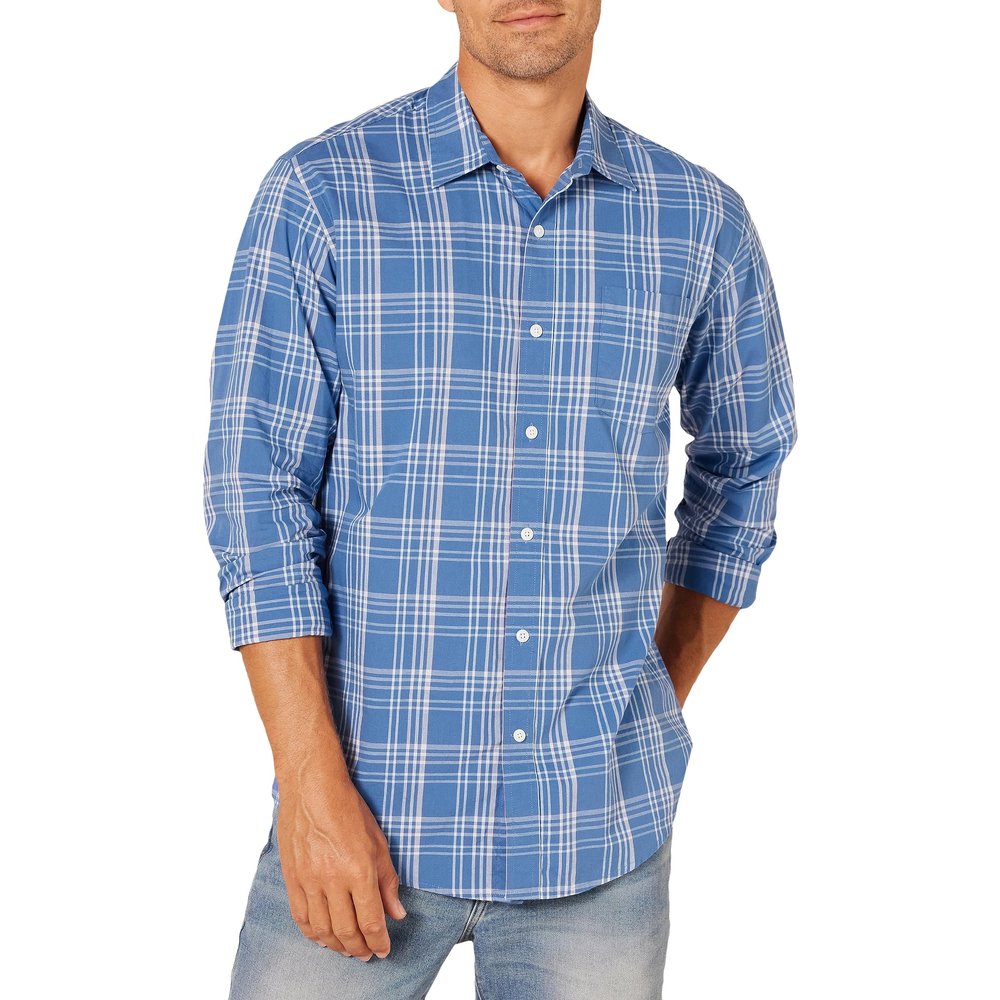 Amazon Essentials Men's Regular-Fit Long-Sleeve Casual Poplin Shirt, Aqua Blue Plaid, XX-Large