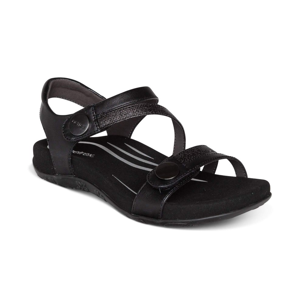 Aetrex Women's Jess Orthopedic Adjustable Quarter Strap Sandals - Comfort Memory Foam Fashion Flat Womens Sandals with Arch Support Black