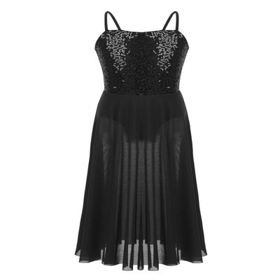 FEESHOW Youth Girls Sequined Lyrical Dance Costume Dresses Leotard Sheer Maxi Long Tulle Skirt Spaghetti Black 6