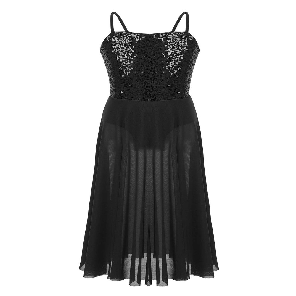 FEESHOW Youth Girls Sequined Lyrical Dance Costume Dresses Leotard Sheer Maxi Long Tulle Skirt Spaghetti Black 6