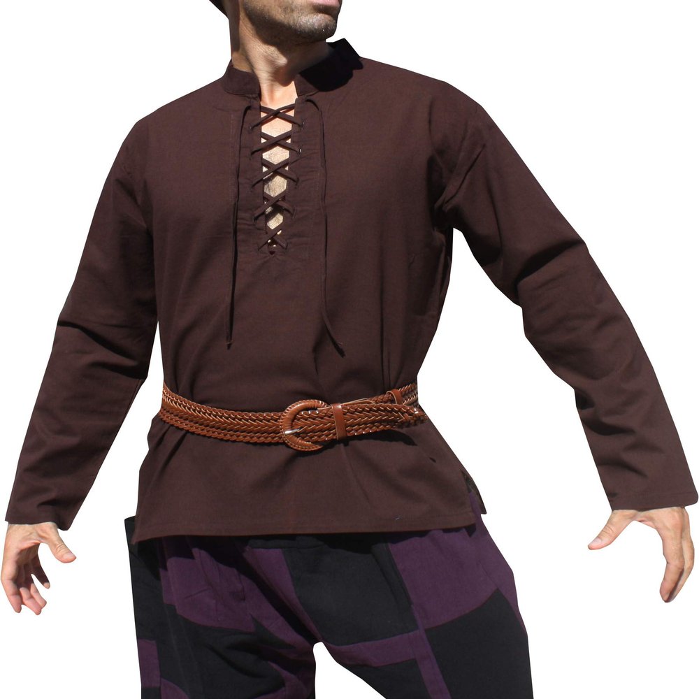 Svenine Medieval Serf Groundsman Mens Renaissance Shirt Upright Collar Cotton, Medium, Style#D - Thin Aum Cotton - Dark Brown