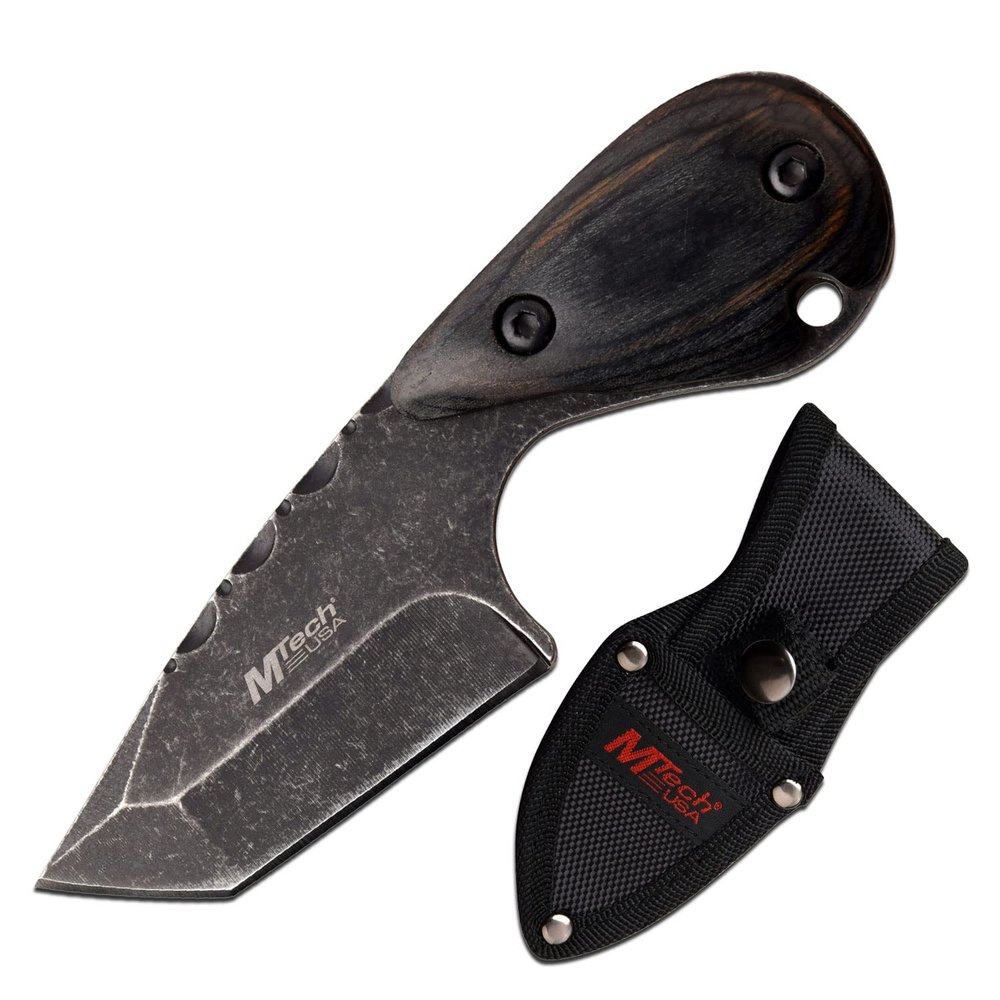 MTECH USA Fixed Blade Knife Stonewashed Finish Stainless Steel Tanto Blade with Black Wood Handle, Full Tang, Includes Black Nylon Sheath - Hunting, Camping, Survival, Tactical, EDC MT-20-90BK