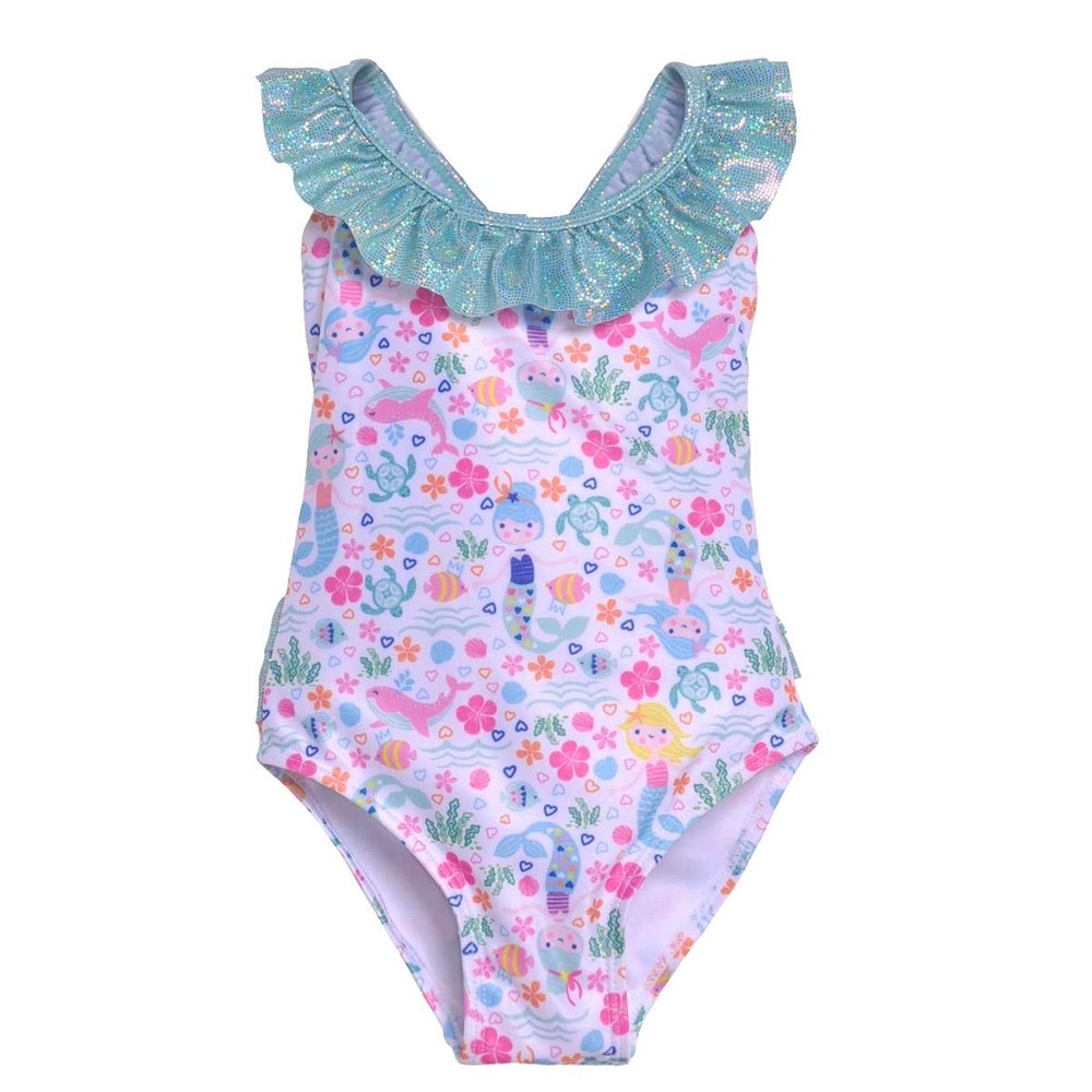 Flap Happy Girls UPF 50+ Uv Mindy Crossback Swimsuit | Mermaid Lagoon, Size 24M - Made with Eco-Friendly Recycled Materials