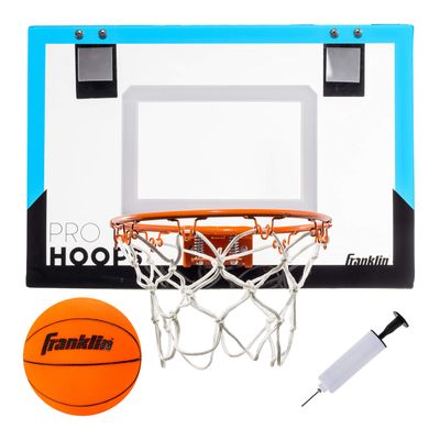 Franklin Sports Over The Door Mini Basketball Hoop - Pro Hoops Indoor Kids Basket with Mini Basketball - Slam Dunk Approved Shatter Resistant Backboard - Bedroom + Office Game - Black + Blue