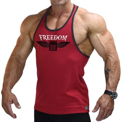 Crazee Wear Men's Red with Black Trim Bodybuilding, Weight Lifting, Y-Back, Gym Fitness, Workout, Training, Tank Top with Freedom Design