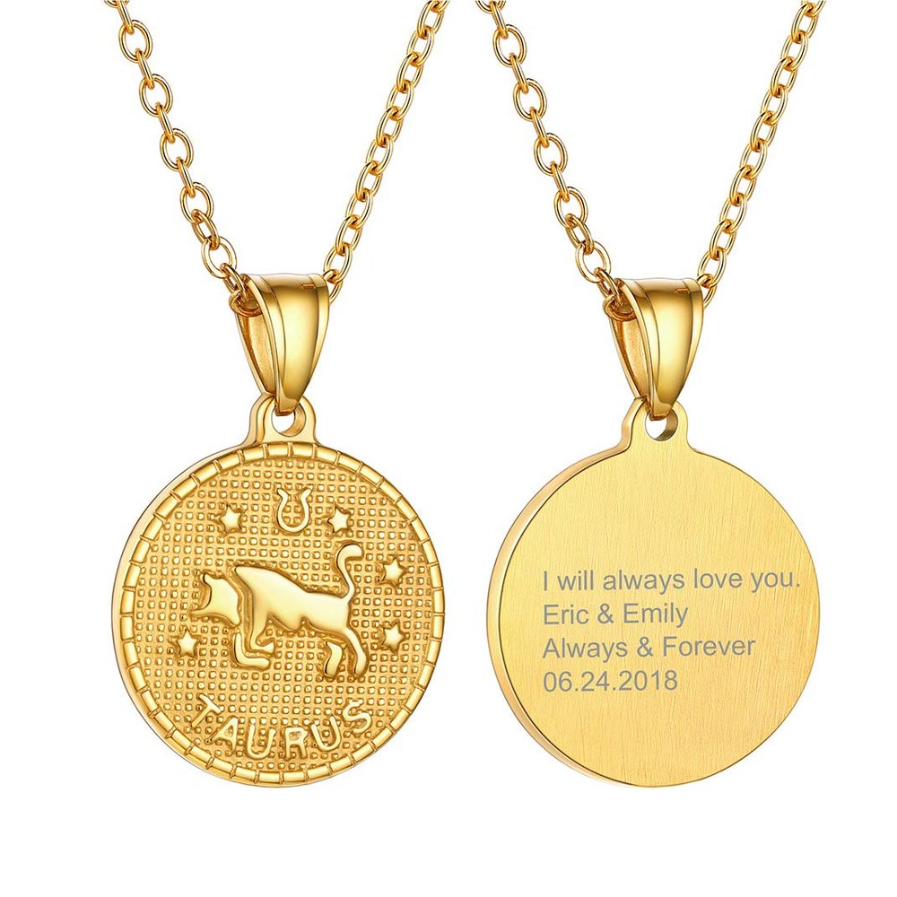 18K Gold Plated Constellation Zodiac Sign Coin Pendant Necklace for Men Women, Unisex Customize Engrave Name Jewlery Gift