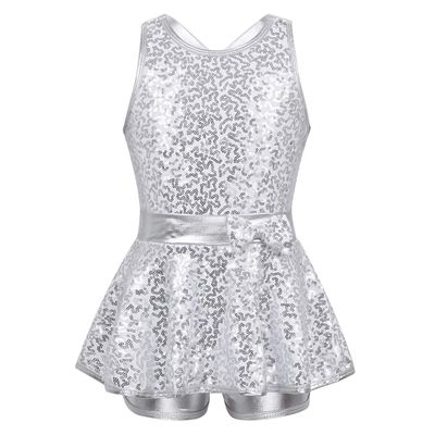 FEESHOW Kids Girls Sequined Tank Top Tutu Skirt Ballet Dance Leotard Modern Jazz Latin Dress Performance Costume Cross Back Silver 10