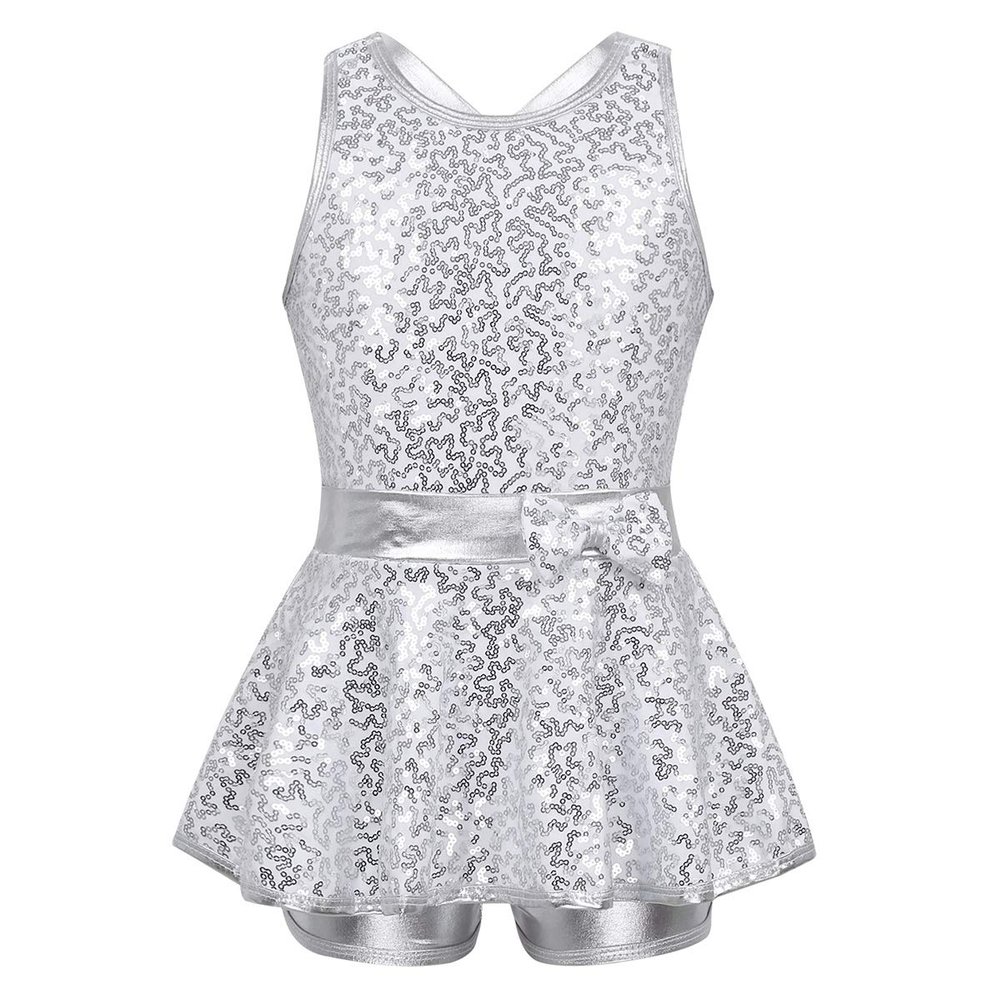 FEESHOW Kids Girls Sequined Tank Top Tutu Skirt Ballet Dance Leotard Modern Jazz Latin Dress Performance Costume Cross Back Silver 10