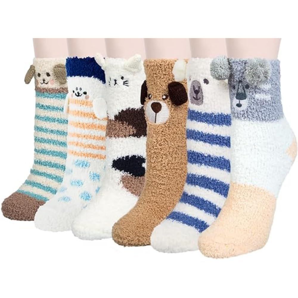 6 Pairs Womens Fuzzy Socks Winter Warm Soft Cozy Fluffy Microfiber House Sleeping Slipper Socks Christmas Gifts,B- Cat Bear Socks