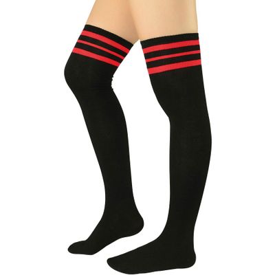 Zando Women Over Knee Stockings Thin Striped Casual Long Athlete Cosplay Kawaii Football 1 Pair Black Red