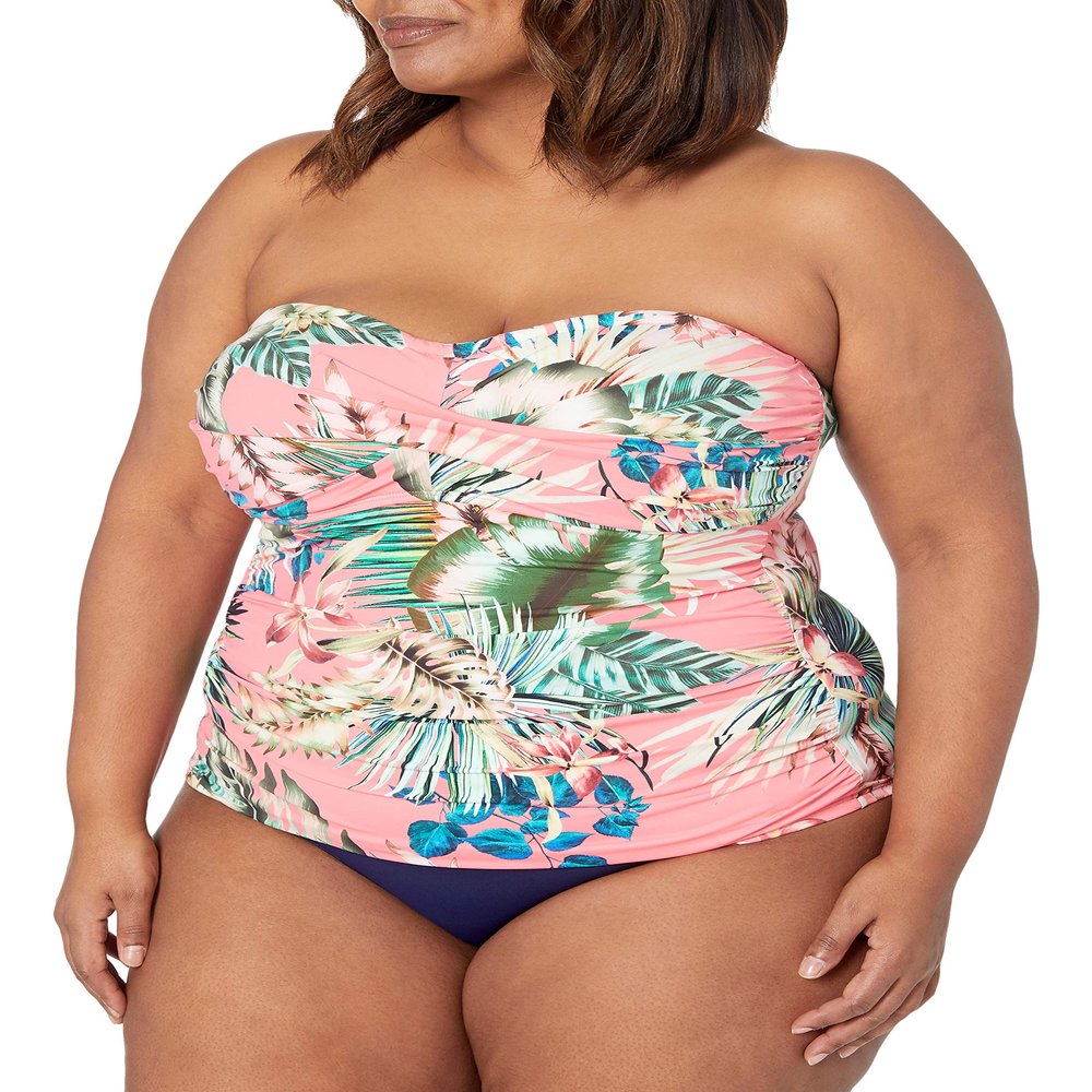 La Blanca Women's Standard Bandeau Tankini Swimsuit Top, Coral//Tropical rain, 0