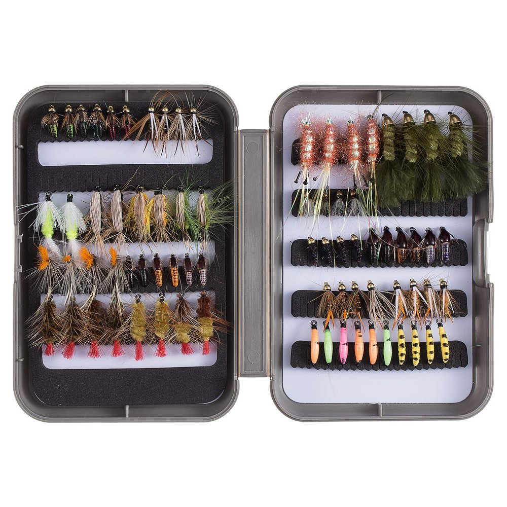 BASSDASH 76pcs Fly Fishing Flies Kit with Fly Box for Trout Fishing Include Nymphs, Dry Wet Flies, Streamers