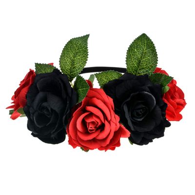 Accesyes Costume Mexican Flower Crown Day of Dead Headpiece Hawaiian BOHO Floral Headband Dia de Los Muertos Party Favor (Red-Black-HB)