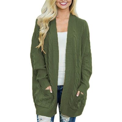 Women Open Front Cable Knit Long Sweater Loose Knitted Cardigan Coat with Pocket (Green,XXX-Large)
