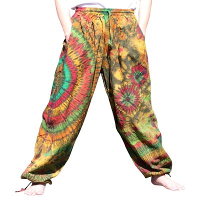 Full Funk Tie Dye Cotton Pants with Elastic Thick Pull String Waist, Large, Yellow Red
